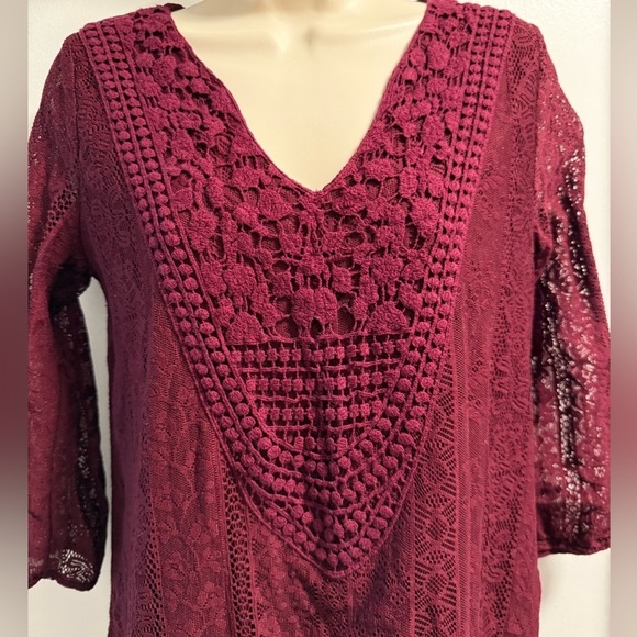 Xhilaration Burgundy Lace V Neck 3/4 Sleeve Dress Medium - Picture 4 of 13